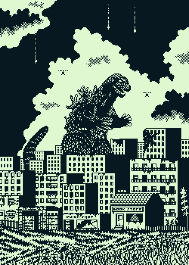 Godzilla 1bit pixel art - front: flowers and grass - middle: houses and Godzilla behind them - background: huge clouds in front of a dark sky + some helicopters 