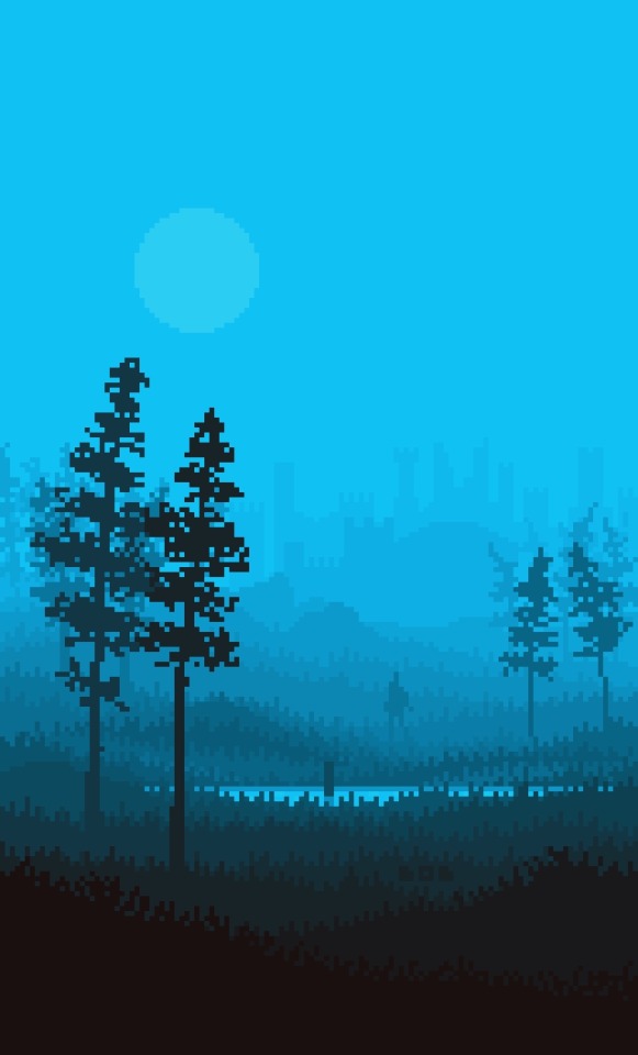Foggy pixel art landscape as a wallpaper for phones (including a July 2025 calendar and another version without it). Front: grass, some trees on the right and left side. Middle: small lake and a Silhouette of a guy. Background: huge mystical castle. 