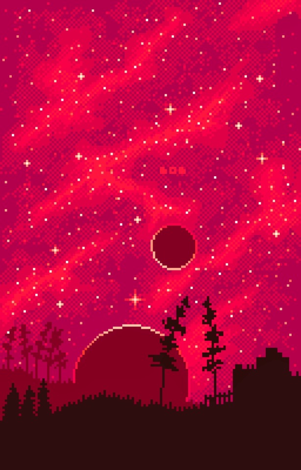 Pixel art space landscape in powerful red and pink colors. Front: some mountains, trees and some buildings on the right side. Background: huge planet and a smaller one in the middle in front of the sky full of shining stars. 