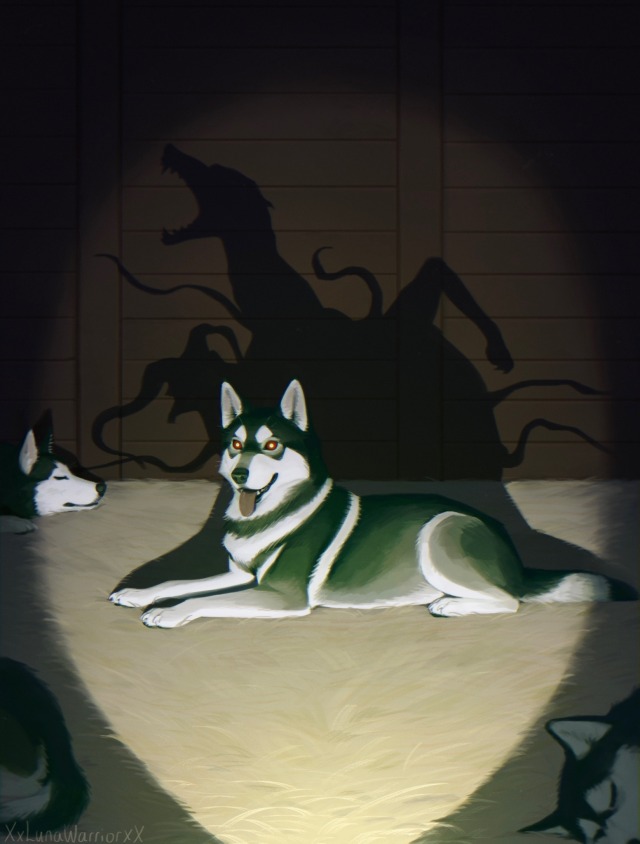 digital illustration of the dog kennel scene from The Thing (1982) with the doppelgänger dog laying in the center of the piece while a flashlight shines on him and casts a shadow that takes the form of the mutated creature he soon becomes.